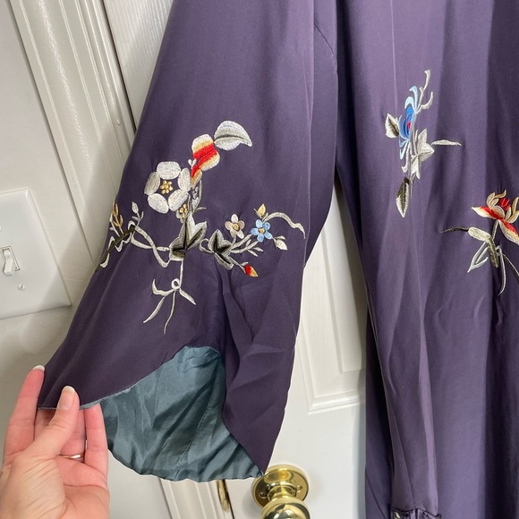 Soft Surroundings silk and embroidered kimono robe plum and tea | L - Picture 2 of 14